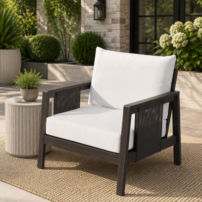 Stylish Acacia Wood Outdoor Club Chair with Black Textilene and Water-Repellent Cushions for Patio or Deck