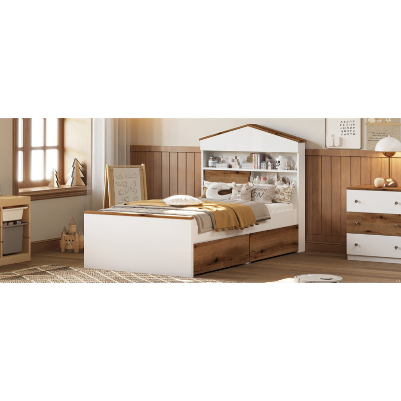 Twin Size House-Shaped Wooden Bed With Storage Shelf On The Headboard, Built-In Two Storage Drawers, Brown/White