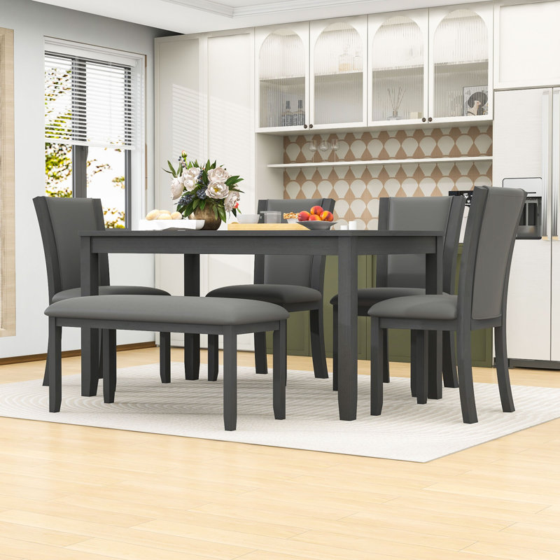 Ensemble de table de salle à manger 6 pièces avec table, banc rembourré et 4 chaises rembourrées pour la salle à manger, Gris