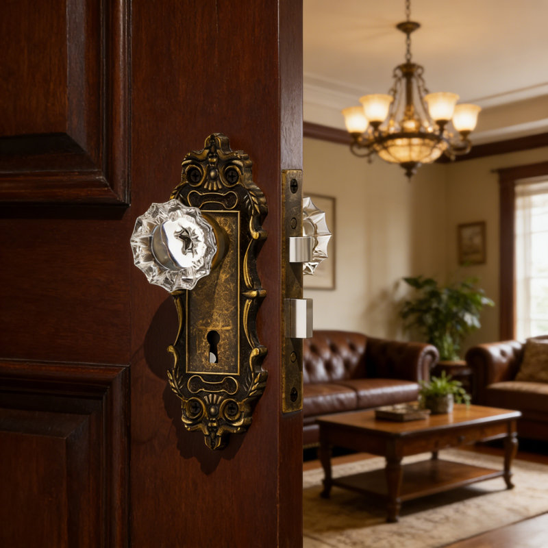 Fausse poignée de porte cristal, Laiton antique, Faux bouton double
