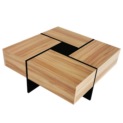 Table carrée carrée avec rangement caché et plateau coulissant extensible, panneau de particules brun central