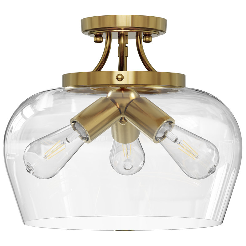 Penley 3 - Light 13.8" Glass Semi Flush Mount Ceiling Light in Brushed Brass, Antique Brass