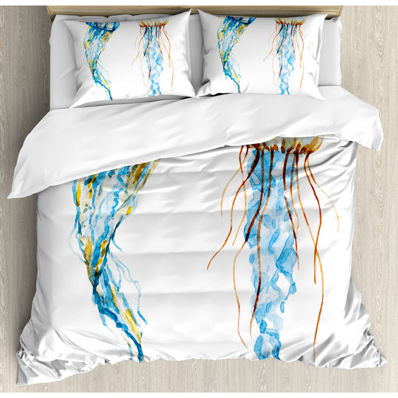 King Size Jellyfish Watercolor Microfiber Duvet Cover Set