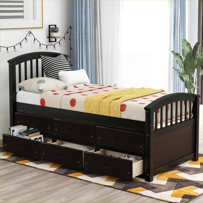 Bedroom Youth Use Platform Storage Bed, Classic Brown Solid Wood Twin Size Frame With 6 Built-In Drawers