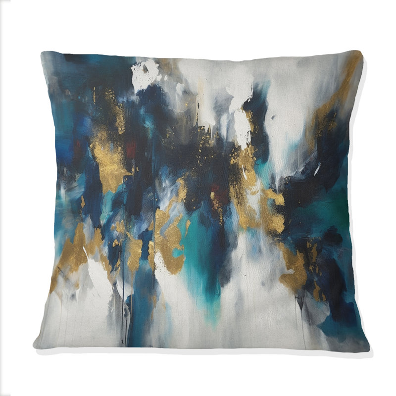 Indigo Awakening Abstract en bleu et or V - Coussin décoratif avec peinture abstraite
