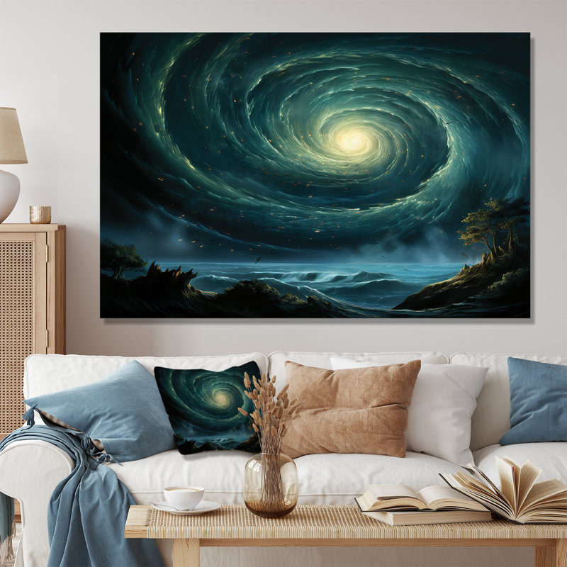 Art mural vert vert trou noir céleste, Cadre flottant doré, H 24 po x l 32 po x P 1 po