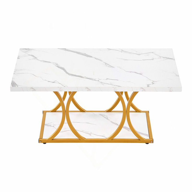 Table basse, table basse moderne en faux marbre, grand bureau central rectangulaire à 2 niveaux avec pieds géométriques, bureau d'appoint minimaliste robuste en métal pour le salon, le bureau, facile à assembler, blanc