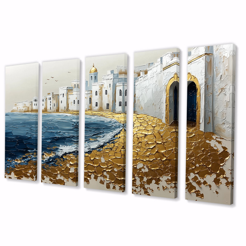 Maroc, plage d'Essouira dans des tons dorés et blancs III - ensemble d'art mural marocain, H 28 po x l 60 po