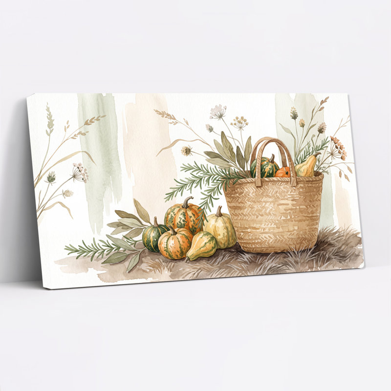 Panier de récolte avec citrouilles et herbes, reproduction d'art sur toile, L 58 po x H 28 po