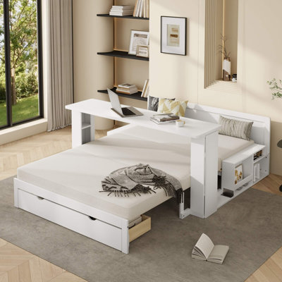 Full Size Multifunctional Daybed with Removable Desk, Storage Drawers, and Hydraulic Lift Side Tables, White