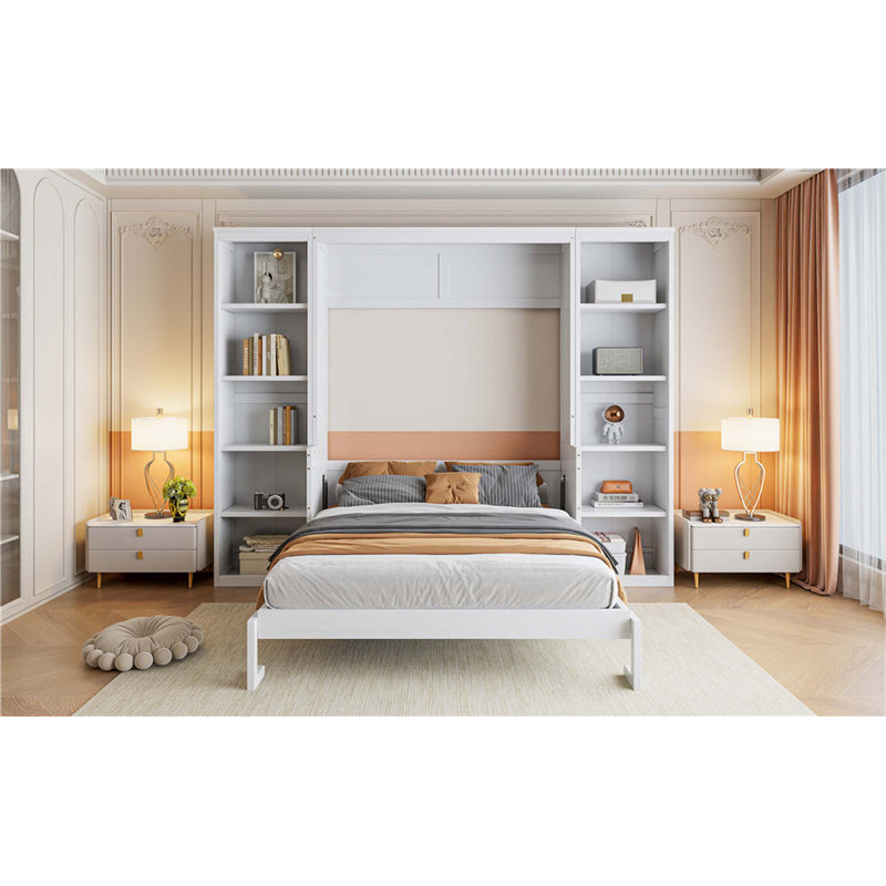 Lit escamotable avec bureau et bibliothèque Murphy, Lit double, Blanc