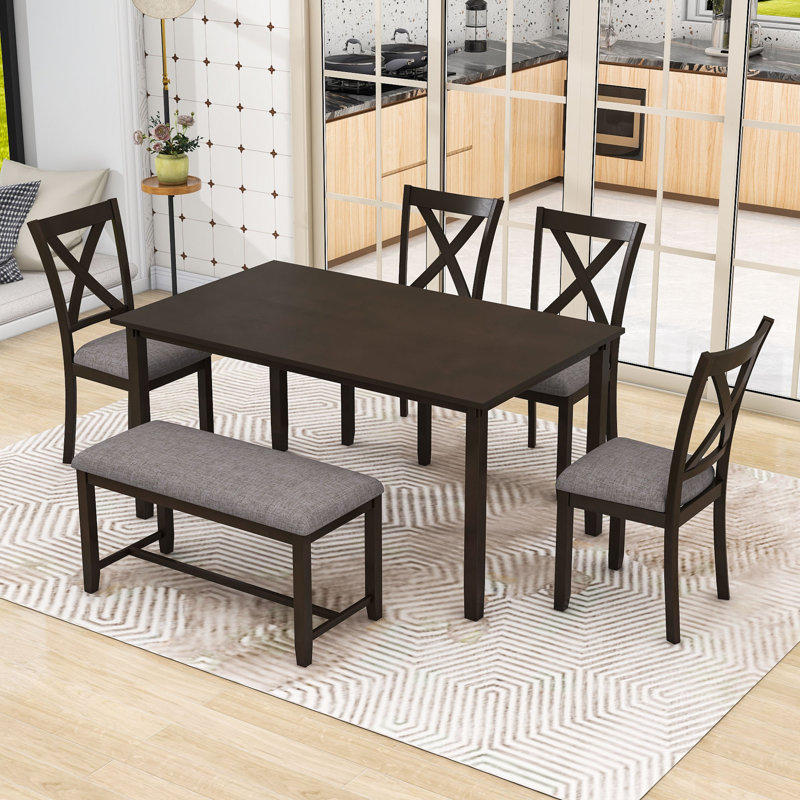 Hayleah Elegant 6-Piece Dining Set, Rectangular Dining Table and Upholstered Chairs and Bench, Espresso, Espresso, Espresso
