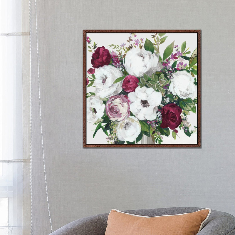 Burgundy Splashes by Asia Jensen - Painting on Canvas, Classic Brown Wood Framed, 66.04 cm H x 66.04 cm W