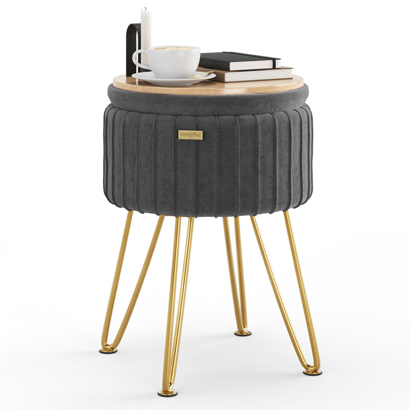 Round Pleated Velvet Ottoman with Storage, Gray, Gold