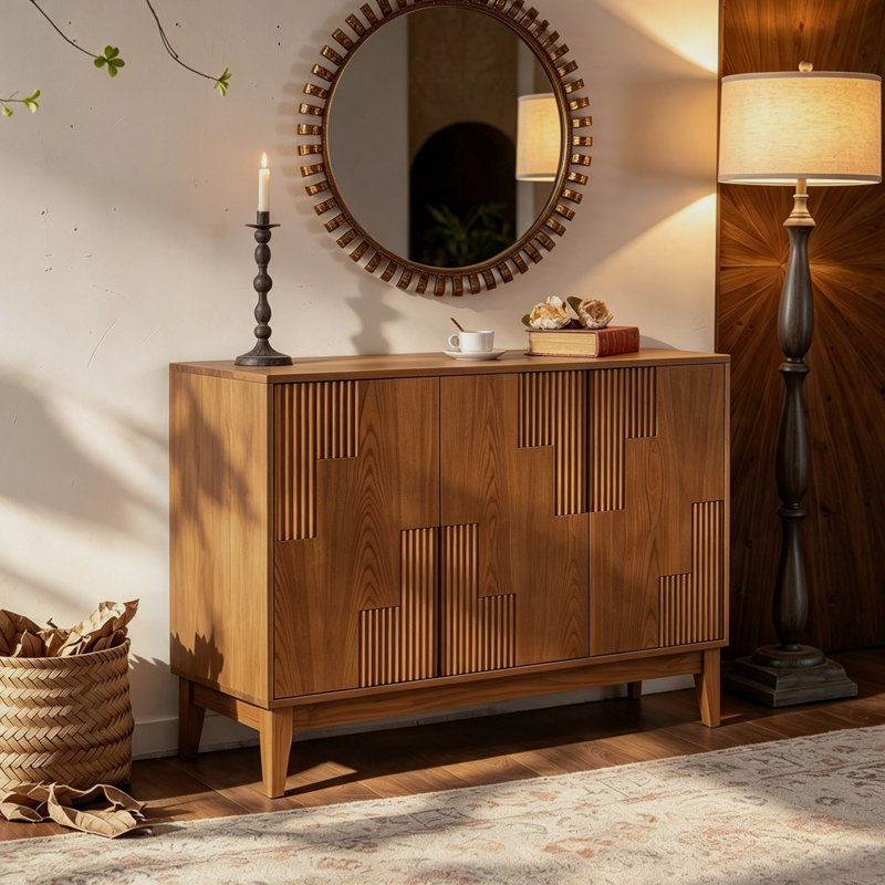 Modern Solid and Manufactured Wood Sideboard with Adjustable Shelves, Walnut
