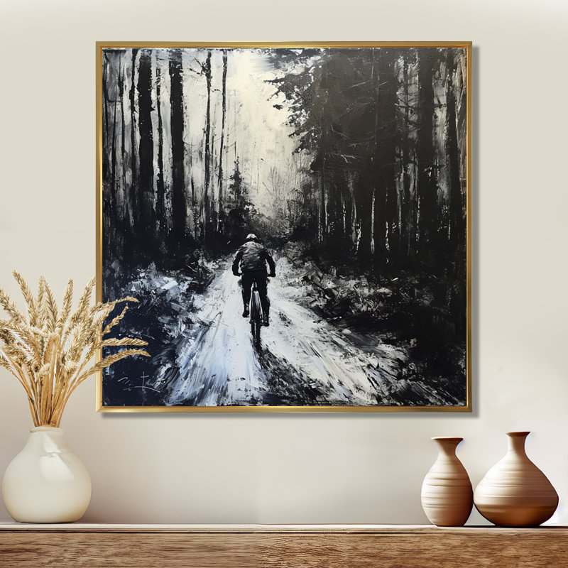 «Biking In The Winter Woods» - Décoration murale vélo, Cadre flottant doré, H 30 po x l 30 po x P 1 po