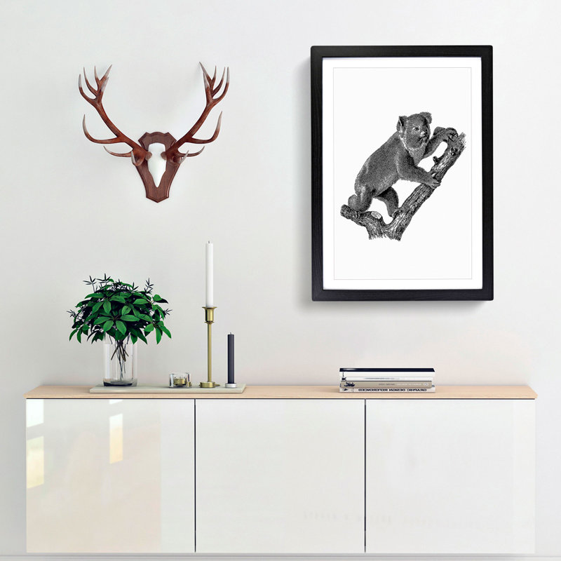 Koala Bear Illustration in Black & White - Framed Print, 36cm H x 27cm W x 2cm D, Black Framed