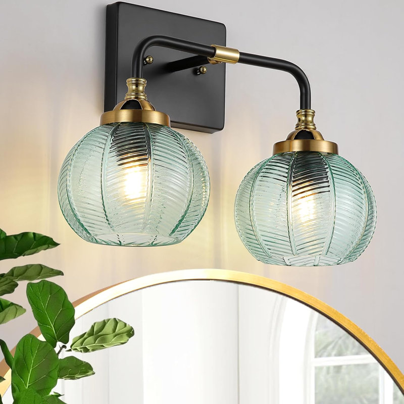 Art Deco Bathroom Vanity Light Fixture With Green Ribbed Glass Shade, 2-Light Modern Farmhouse Wall Sconce For Bathroom Mirror, Kitchen, Living Room, Black And Gold Finish