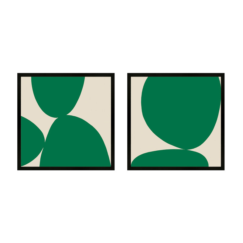 Green Ink. Set Of 2 Painting by Lee Lessem, Black Framed, 16" H x 16" W x 1.25" D