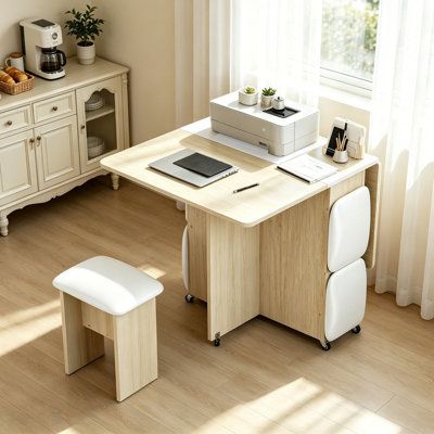 Ensemble de table de salle à manger extensible Modern Farmhouse pour 4 personnes, table de salle à manger à abattants en grain de bois avec 4 tabourets rembourrés et tablettes de rangement, ensemble de table et de chaises de cuisine peu encombrante avec 6 roulettes verrouillables pour coin-repas, appartement, cuisine