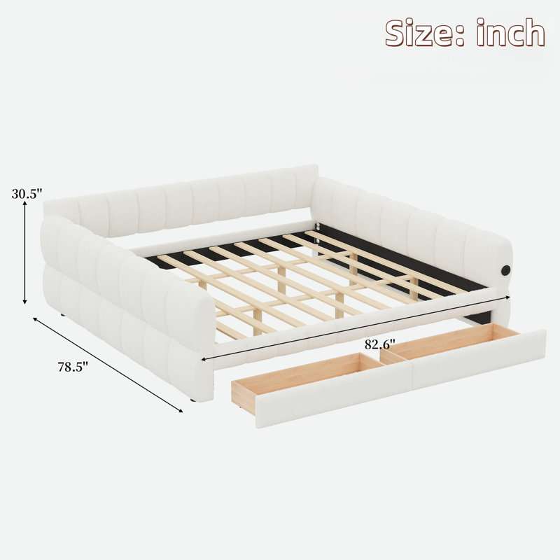 Upholstered Daybed With Usb And 2 Drawers, White