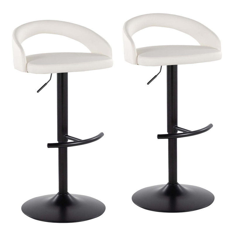 Ensemble de 2 tabourets à hauteur réglable avec pivotement à 360 degrés, repose-pieds arrondi en T et siège en similicuir blanc pour une utilisation polyvalente dans une cuisine ou un bar.