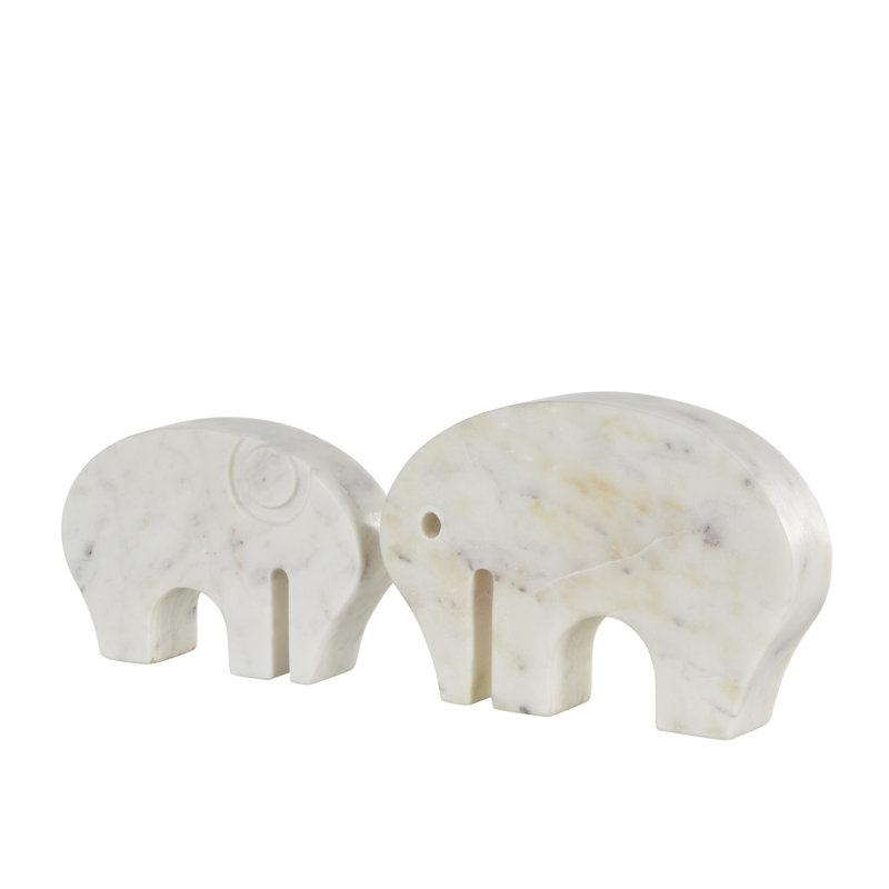 Rumy Marble Rounded Abstract Elephant Decorative White Sculpture with Gray Marble Veins and Cutouts Set