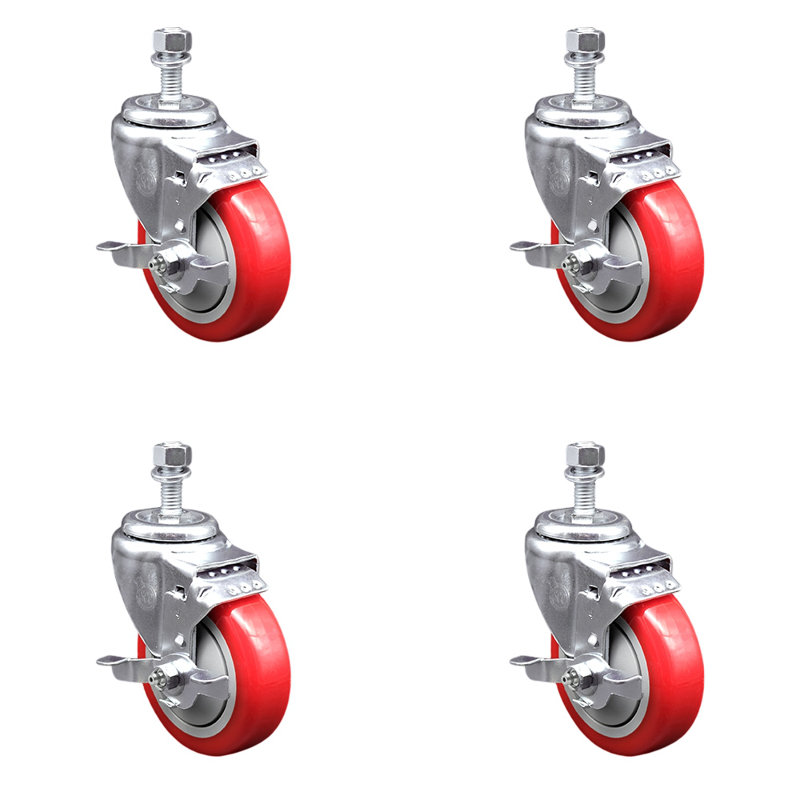 Polyurethane Wheel Swivel ½ Inch Threaded Stem Caster Set 2 Brakes