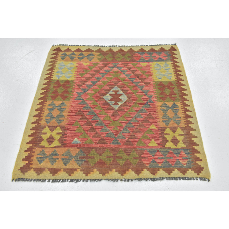 Tapis de zone en laine brun/rouge/crème 3 pi 2 po x 3 pi en laine noué la à la main one-of-kind Lorain