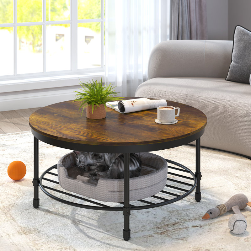 Table basse ronde avec rangement Breyon, Plateau brun / base noire