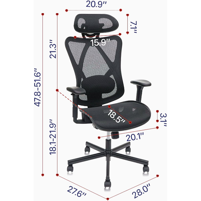 Mesh Office Chair,Ergonomic Office Chairs With Wheels,Adjustable Lumbar Support,Armrest,Headrest-Tilt High Back Desk Chair With Mute Wheel For Office, Home, Gaming