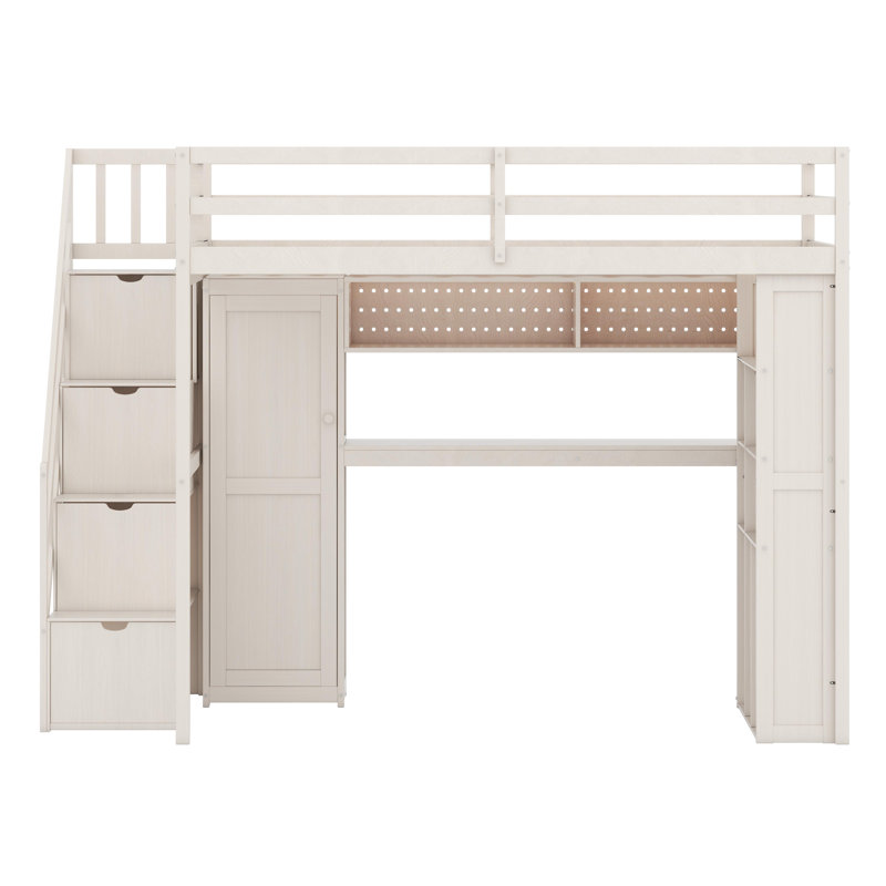 Lit mezzanine tout-en-un avec placard intégré, espace de travail, cubes de rangement et lumières ambiantes, Beige