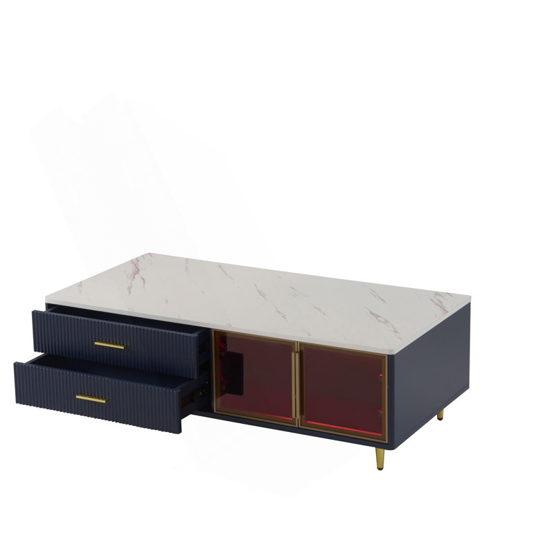 Table basse rectangulaire avec 2 portes de rangement en verre, 4 tiroirs, pieds en métal doré et éclairage multicolore de 47,2 po