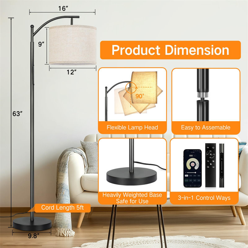 Assiah 160cm LED Arched Floor Lamp, Black