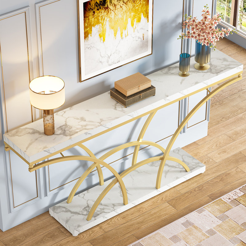 Mona 70.86'' Extra Long Console Accent Table for Entryway with Half-Moon Metal Frame, Faux Marble White/Gold