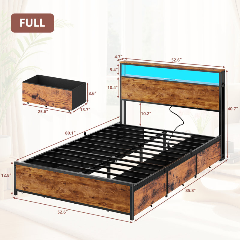 Full Bed with 6 Drawers and Open Storage Headboard, Adjustable LED Light and Charging Station, No Box Spring Needed, Full