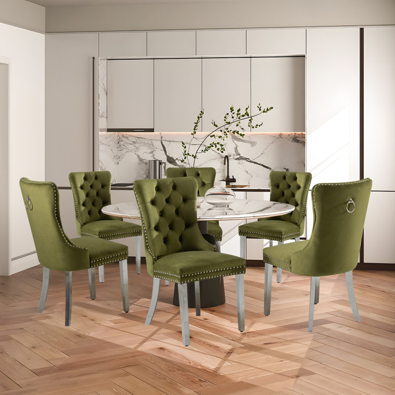Klingbeill Tufted Velvet Upholstered Metal Accent Dining Chair, Silver, Green, 6
