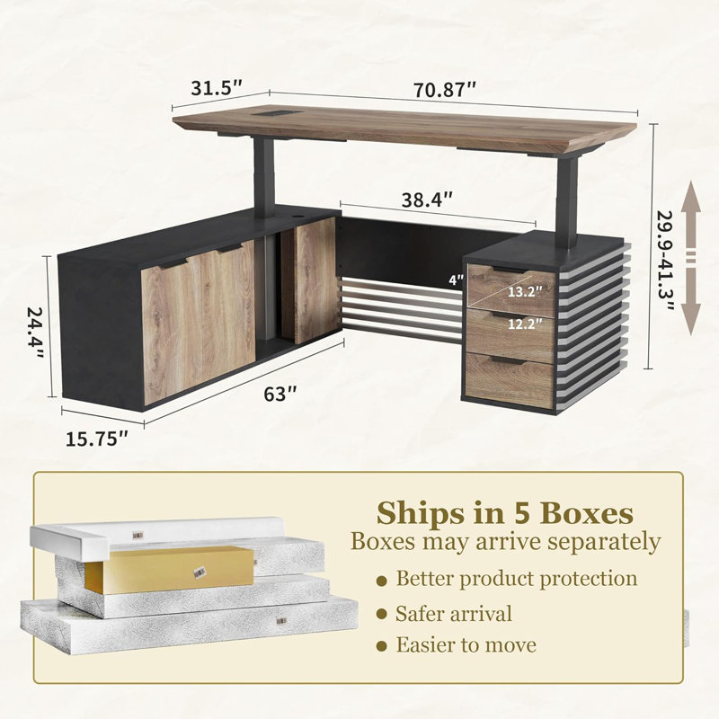 70.87In L Shaped Executive Dual- Purpose Hight Adjustable Desk for Home and Commericial Use with Drawers, w/Universal Charging Ports Cable Management , Stainless Tube, Black and Warm Oak(Right Return))