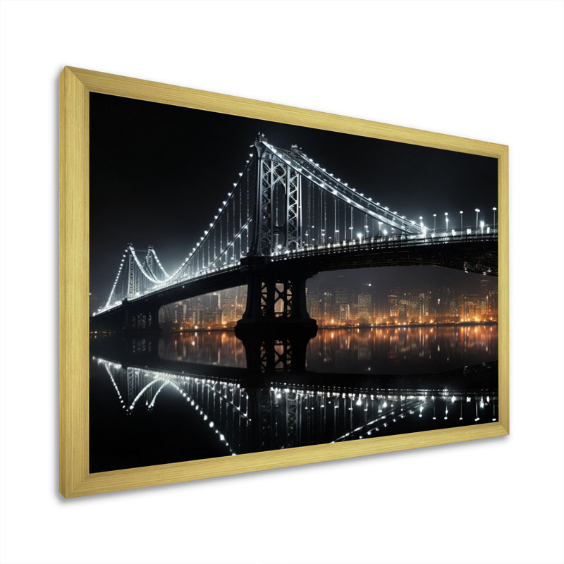 Pont noir de lumière - Ponts, art mural, H 34 po x l 44 po x P 1,5 po, Cadre doré simple