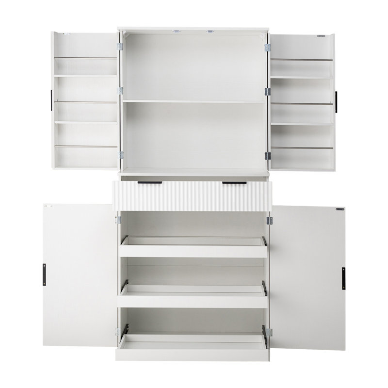 72" Fluted Kitchen Pantry Cabinet With 3 Keyboard Drawers & 6 Door Shelves Adjustable, Freestanding Cupboard Storage Cabinet For For Bathroom, Diningroom, Office, Entryway, White