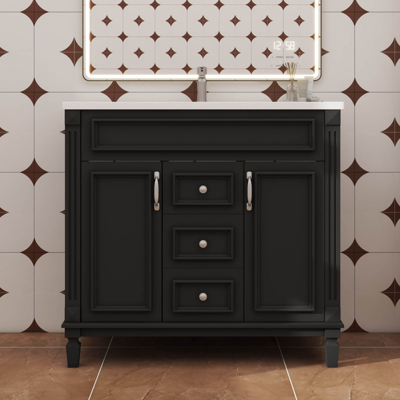 Meuble-lavabo autoportant 36 po avec lavabo 36 po et 2 portes à fermeture silencieuse, Noir, Argent argent