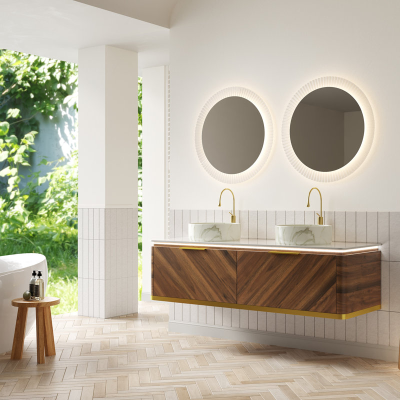 Meuble-lavabo flottant à double cuve 60 po avec lavabos vasques en marbre rond et plateau en pierre frittée 60 po, armoire en contreplaqué en noyer foncé ou chêne clair, garniture dorée, capteur à DEL, pré-assemblé, tiroir double