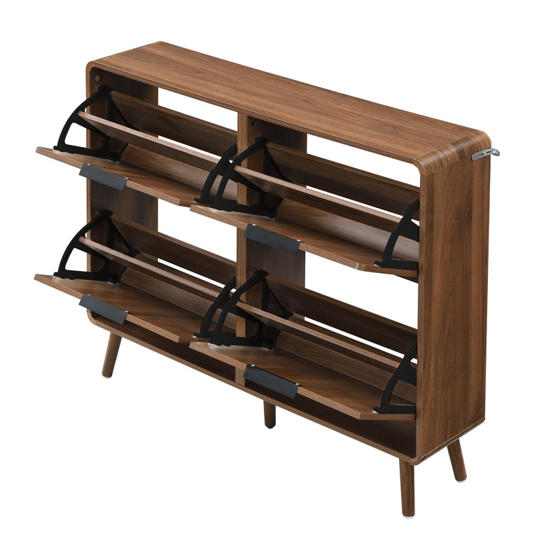 Walnut Flip-Door Shoe Cabinet with Double-Tier Storage