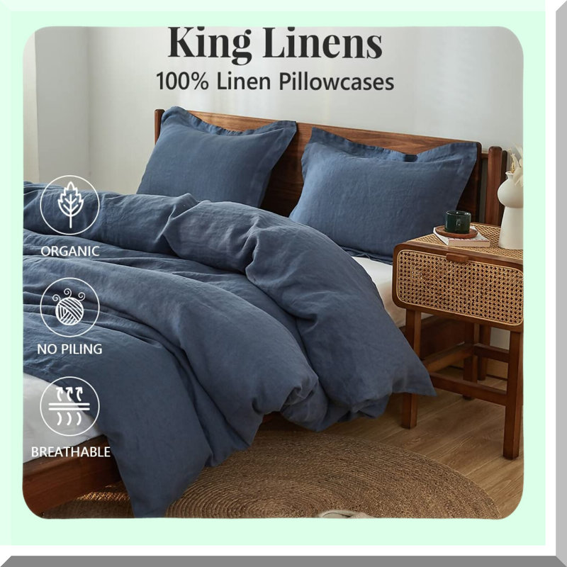 Natural Flax Breathable Pillow Shams Set - 100% French Linen, Washed Solid Color, Basic Style, Pack of 2, Soft & Cozy, Clic Blue