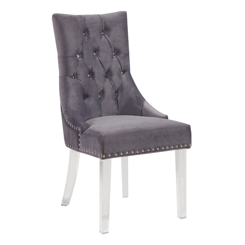 Chaise de salle à manger moderne et contemporaine capitonnée en velours gris avec pieds en acrylique