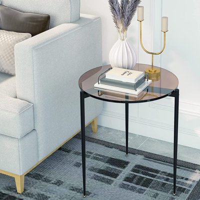 Small Round Glass Side Table Modern Accent Tables Circle Shaped Diameter 50Cm Slim Nightstands Gray Tinted Tempered Glass Top With Black Metal Frame For Home Office Decorative