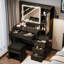 Meuble-lavabo noir cannelé 43 po avec miroir lumineux, station de charge, 5 tiroirs et armoire en verre, support pour sèche-cheveux, tabouret de rangement