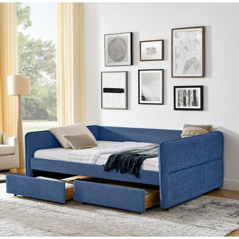 Grand lit de jour avec canapé-lit capitonné à deux tiroirs, tissu Boucle (88 po x 65,5 po x 29,5 po), Bleu