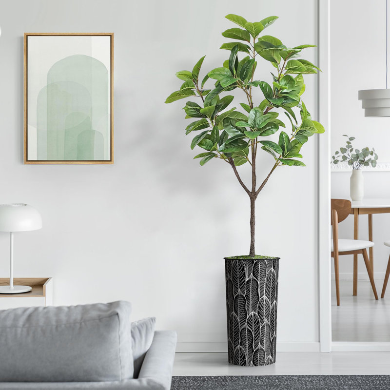 Arbre artificiel dans un pot à fleurs texturé blanc minimaliste moderne, Leaves Plant Black