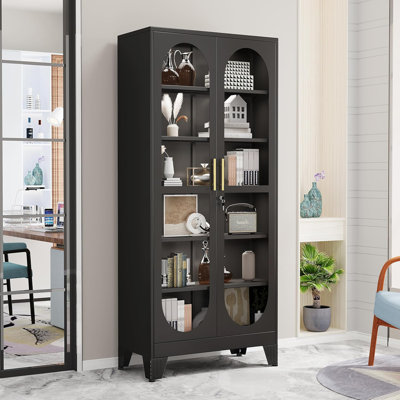 Armoire vitrée en métal de 74,8 po de hauteur, vitrine avec porte en verre, spiritueux à 6 niveaux avec 5 tablettes réglables, vitrine verrouillable pour objets de collection, armoires de rangement, noir
